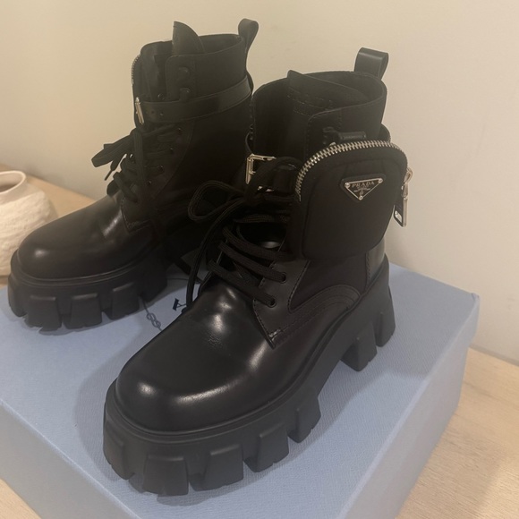 Prada Monolith Pouch-Detail Leather and Nylon Boots in Black Size 37 - Picture 3 of 12